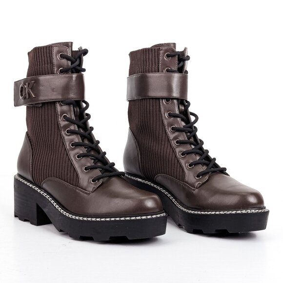 Calvin Klein Women Carabel Brown Vegan Leather Platform Combat Boots size 9 - Picture 1 of 8